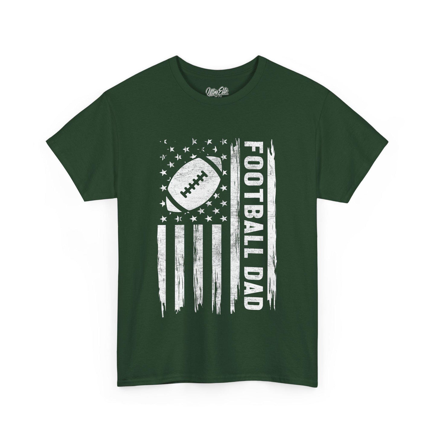 Forest Green short-sleeve t-shirt featuring a bold white distressed American flag design with a football in place of the stars and “FOOTBALL DAD” written vertically in bold letters. Perfect for proud football dads, this sporty and patriotic tee makes a great Father's Day or game day gift. The design combines love for the sport and fatherhood in a rugged, vintage style, ideal for dads who support their football-playing kids.