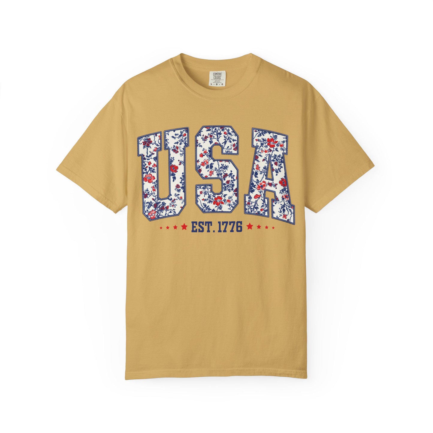 Retro Floral USA Flag Comfort Colors Shirt - 4th of July Tee