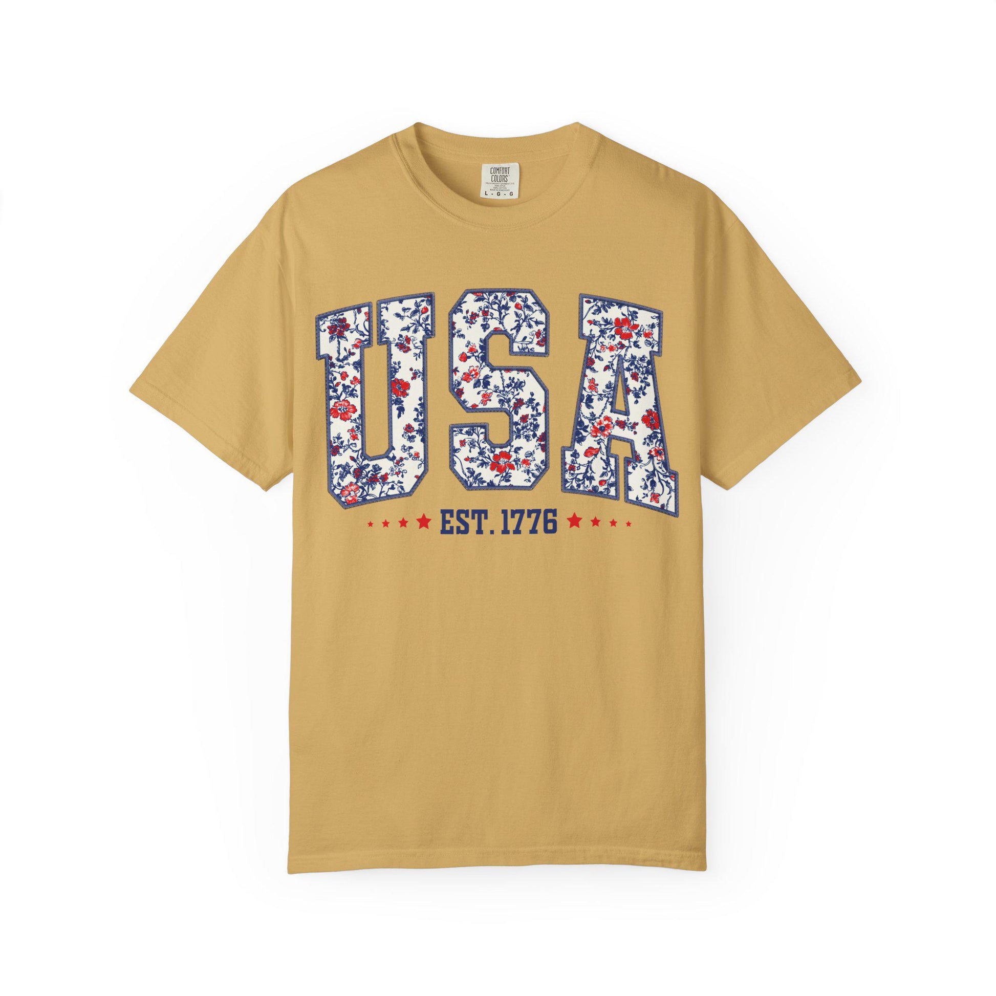 Retro Floral USA Flag Comfort Colors Shirt - 4th of July Tee