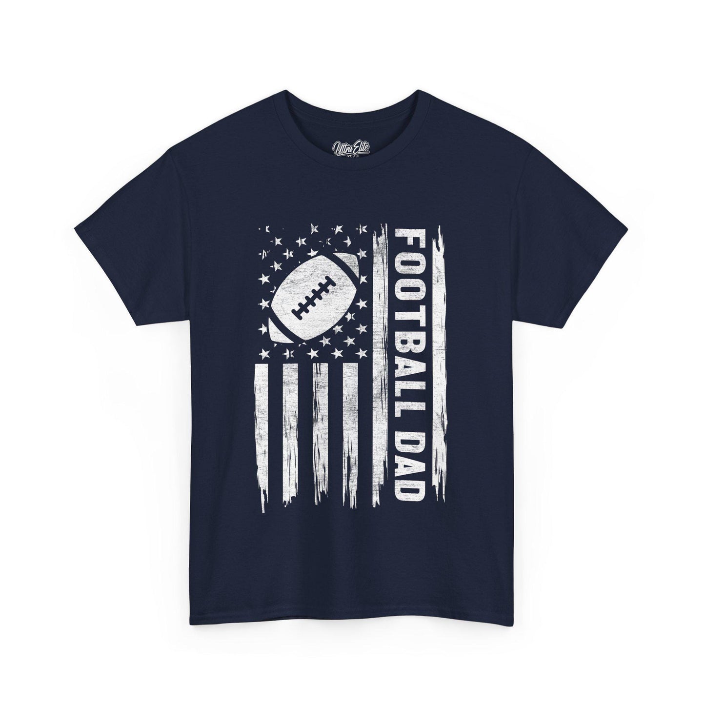 Navy short-sleeve t-shirt featuring a bold white distressed American flag design with a football in place of the stars and “FOOTBALL DAD” written vertically in bold letters. Perfect for proud football dads, this sporty and patriotic tee makes a great Father's Day or game day gift. The design combines love for the sport and fatherhood in a rugged, vintage style, ideal for dads who support their football-playing kids.