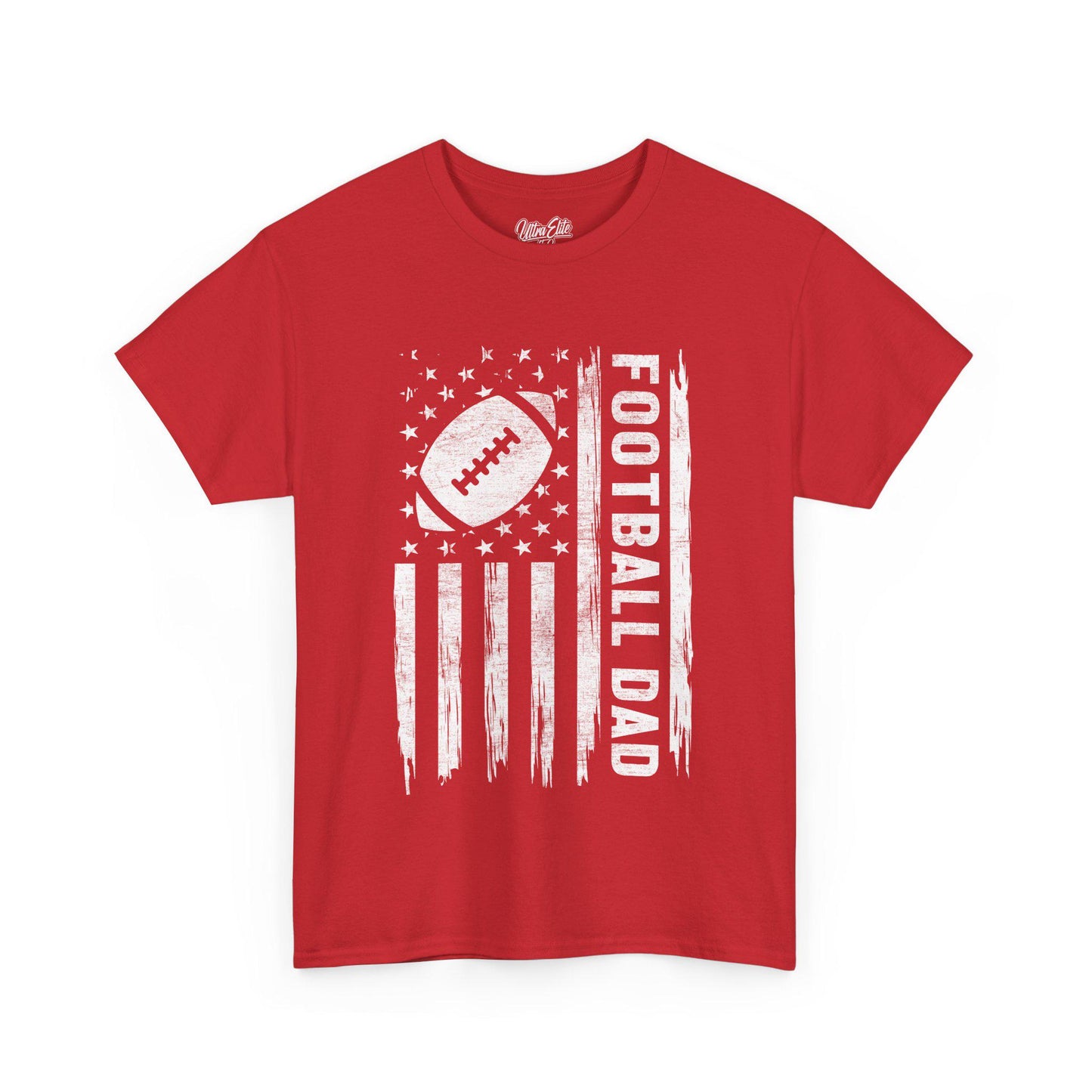 Red short-sleeve t-shirt featuring a bold white distressed American flag design with a football in place of the stars and “FOOTBALL DAD” written vertically in bold letters. Perfect for proud football dads, this sporty and patriotic tee makes a great Father's Day or game day gift. The design combines love for the sport and fatherhood in a rugged, vintage style, ideal for dads who support their football-playing kids.