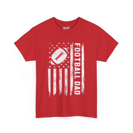 Red short-sleeve t-shirt featuring a bold white distressed American flag design with a football in place of the stars and “FOOTBALL DAD” written vertically in bold letters. Perfect for proud football dads, this sporty and patriotic tee makes a great Father's Day or game day gift. The design combines love for the sport and fatherhood in a rugged, vintage style, ideal for dads who support their football-playing kids.