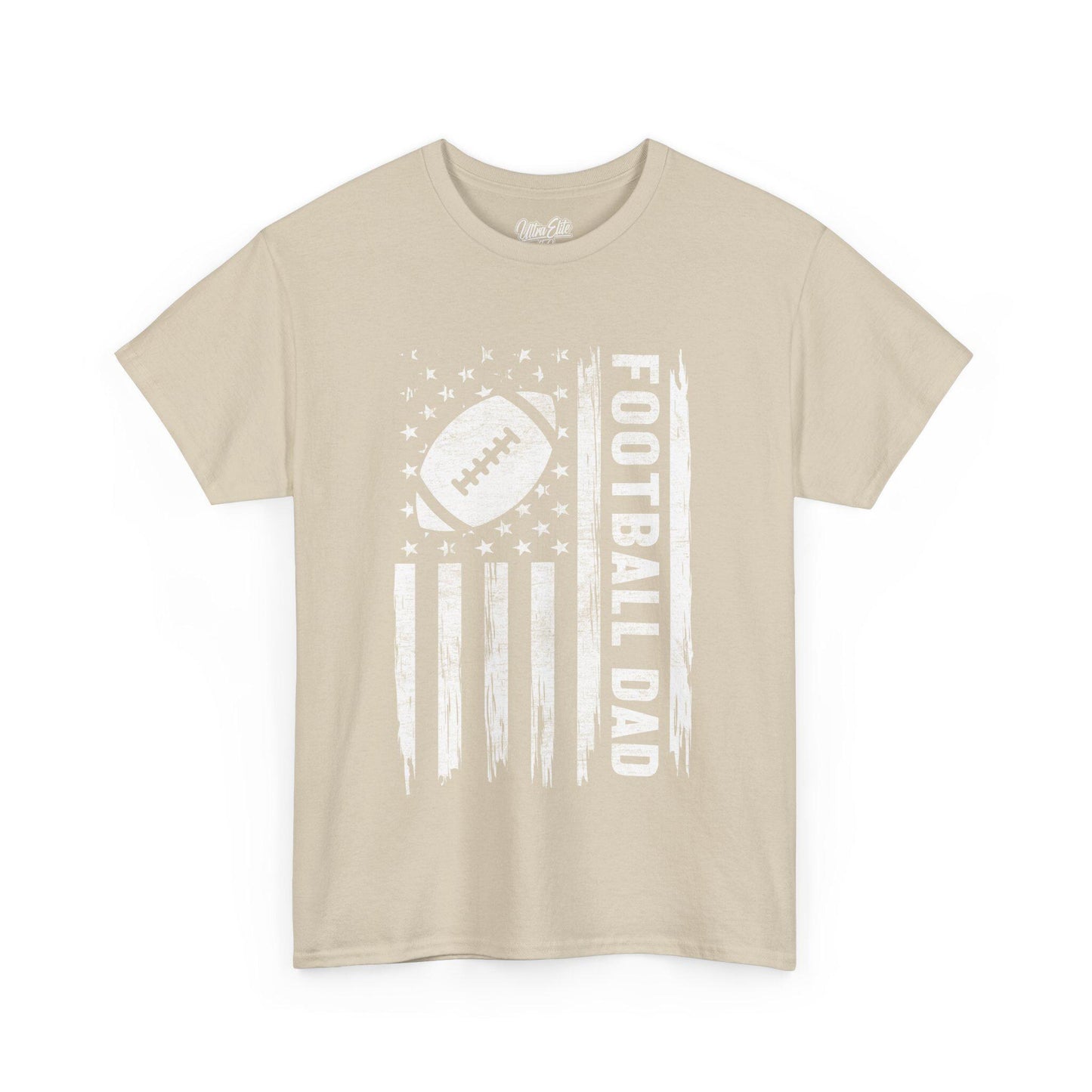 Sand short-sleeve t-shirt featuring a bold white distressed American flag design with a football in place of the stars and “FOOTBALL DAD” written vertically in bold letters. Perfect for proud football dads, this sporty and patriotic tee makes a great Father's Day or game day gift. The design combines love for the sport and fatherhood in a rugged, vintage style, ideal for dads who support their football-playing kids.