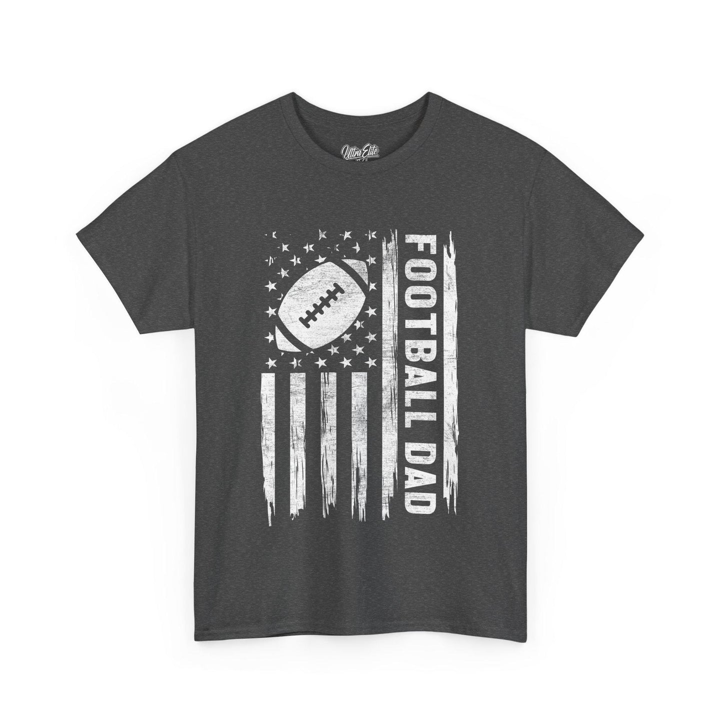 Charcoal short-sleeve t-shirt featuring a bold white distressed American flag design with a football in place of the stars and “FOOTBALL DAD” written vertically in bold letters. Perfect for proud football dads, this sporty and patriotic tee makes a great Father's Day or game day gift. The design combines love for the sport and fatherhood in a rugged, vintage style, ideal for dads who support their football-playing kids.