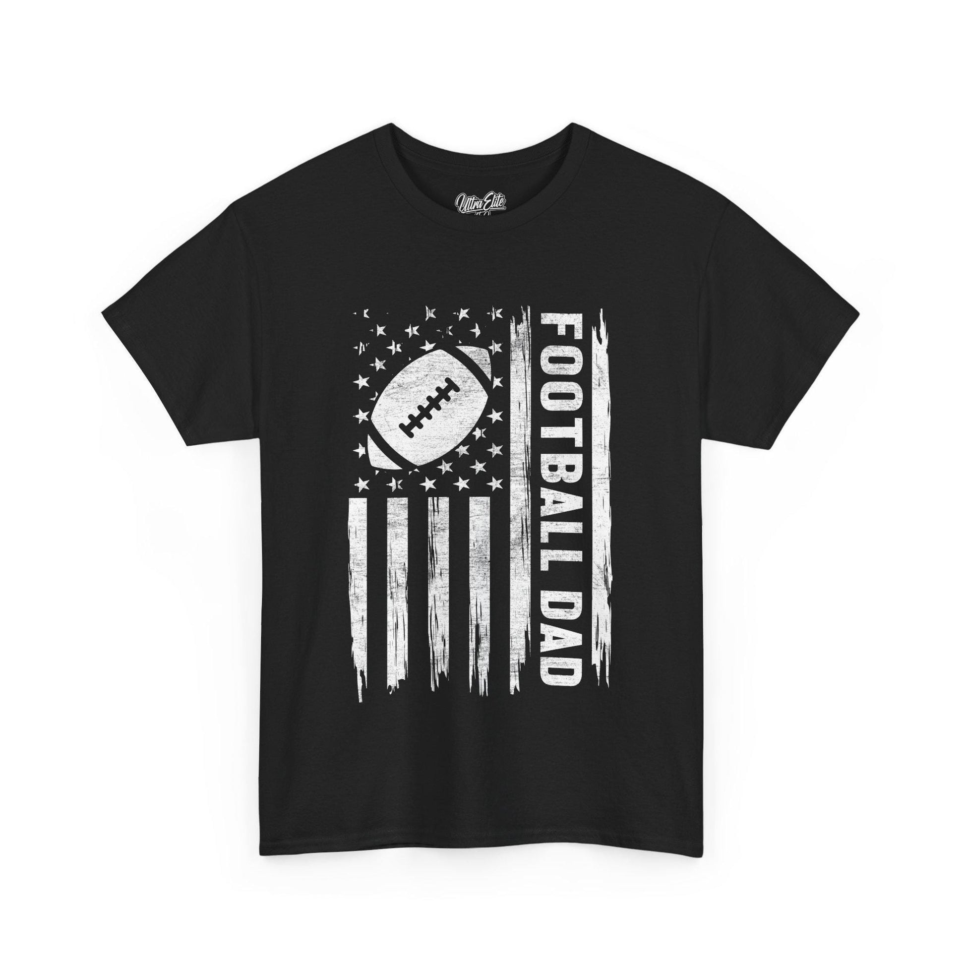 Black short-sleeve t-shirt featuring a bold white distressed American flag design with a football in place of the stars and “FOOTBALL DAD” written vertically in bold letters. Perfect for proud football dads, this sporty and patriotic tee makes a great Father's Day or game day gift. The design combines love for the sport and fatherhood in a rugged, vintage style, ideal for dads who support their football-playing kids.