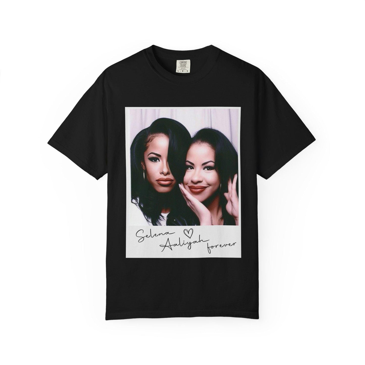 May include: Black t-shirt with a photo of two women in a Polaroid frame. The text below the photo reads 'Selena Aaliyah forever'.