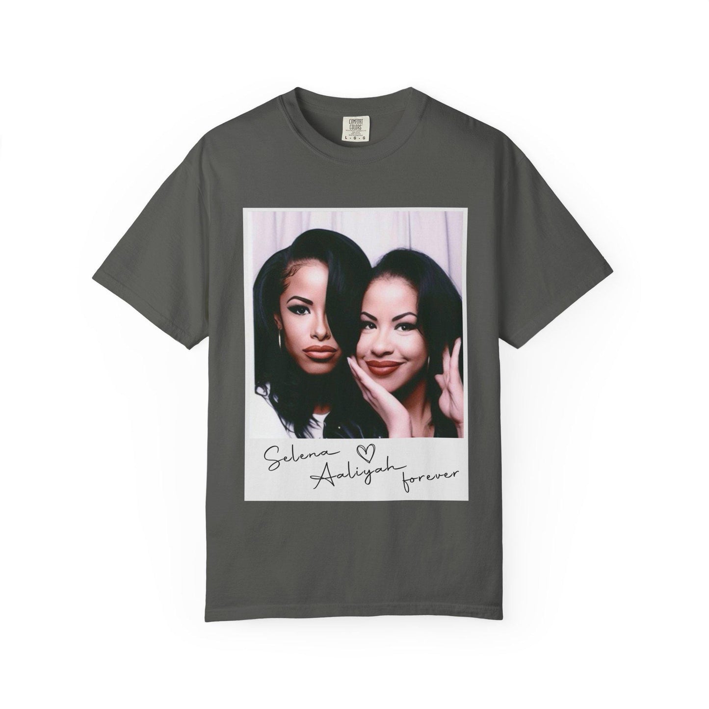May include: Grey t-shirt with a photo of two women in a Polaroid frame. The text below the photo reads 'Selena Aaliyah forever'.