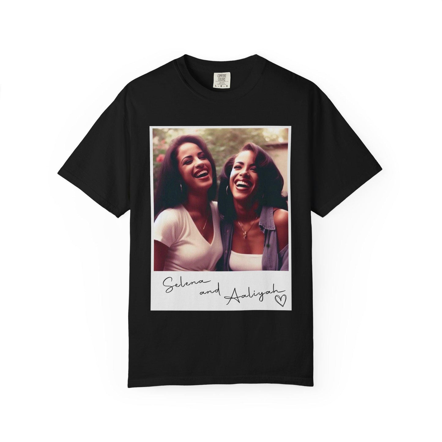 May include: Black t-shirt with a white photo of two women smiling. The photo is in a white frame with the text 'Selena and Aaliyah' and a heart.