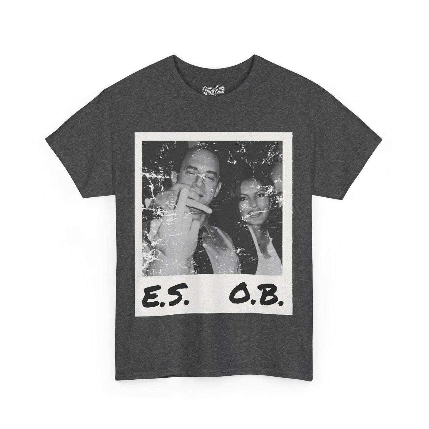 May include: Gray t-shirt with a white Polaroid photo of two people. The photo is distressed and has the words 'E.S.' and 'O.B.' printed below it.
