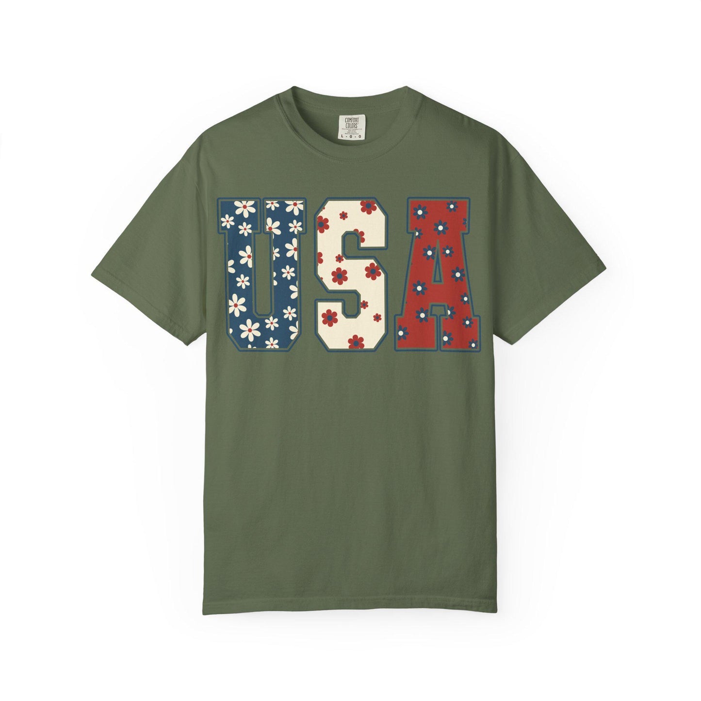 Floral USA 4th of July Comfort Colors Tee - Patriotic American Shirt