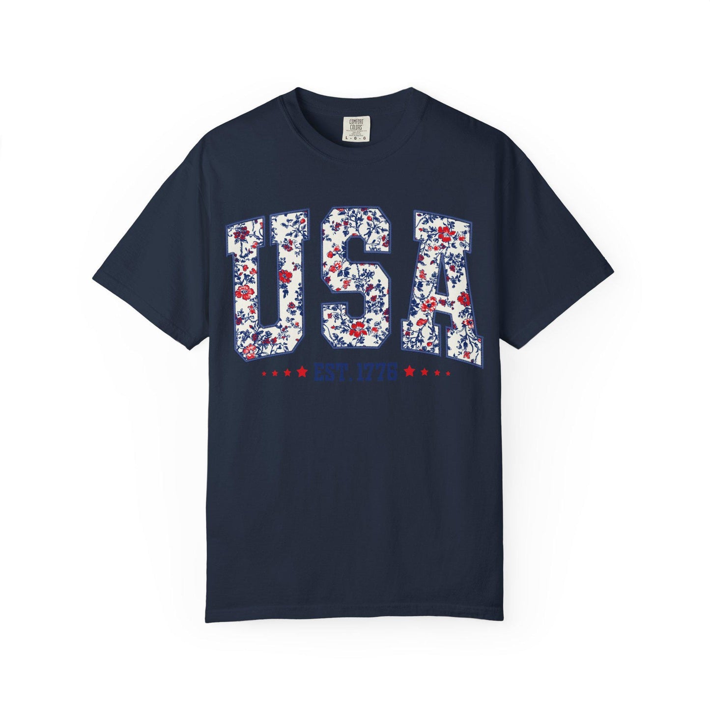 Retro Floral USA Flag Comfort Colors Shirt - 4th of July Tee