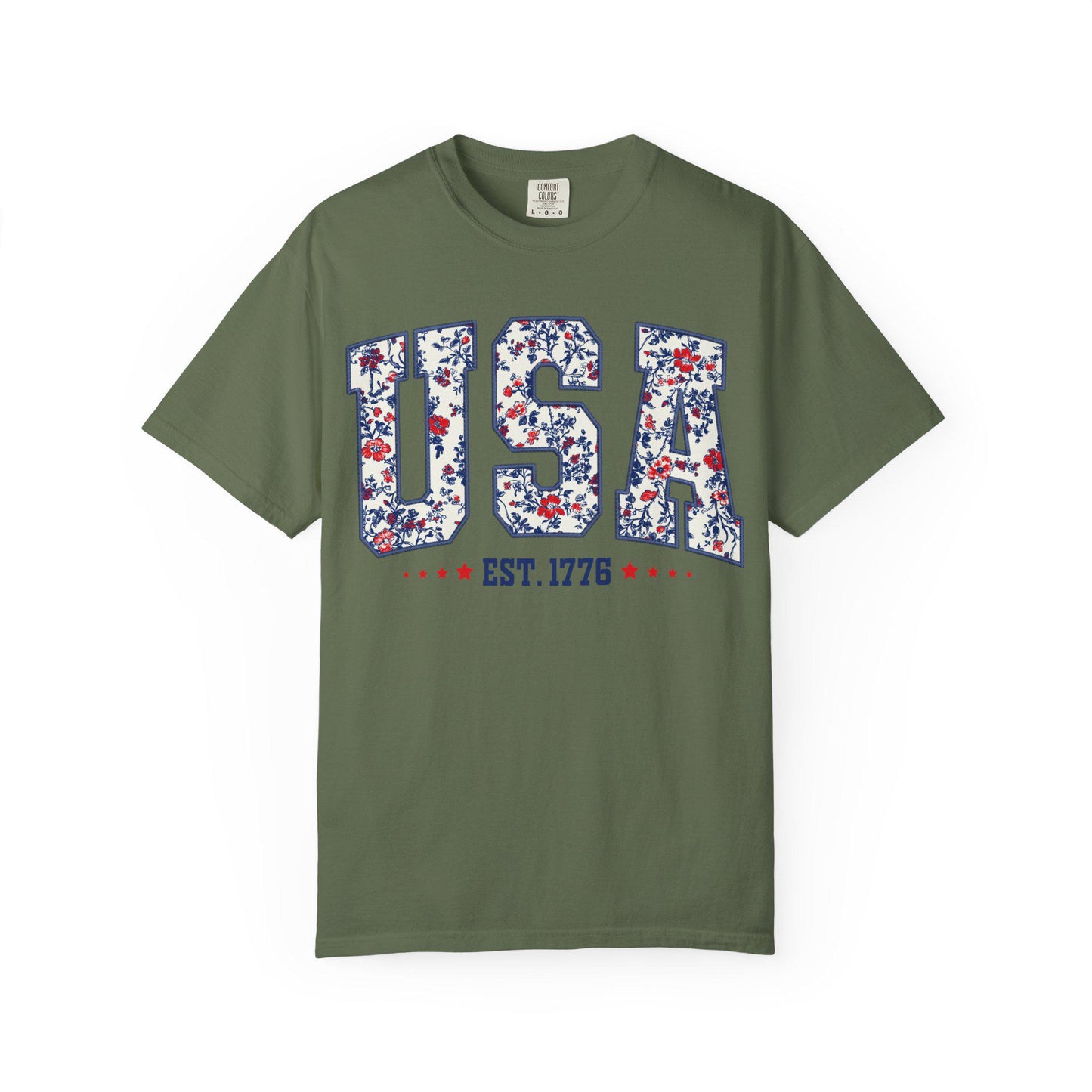 Retro Floral USA Flag Comfort Colors Shirt - 4th of July Tee