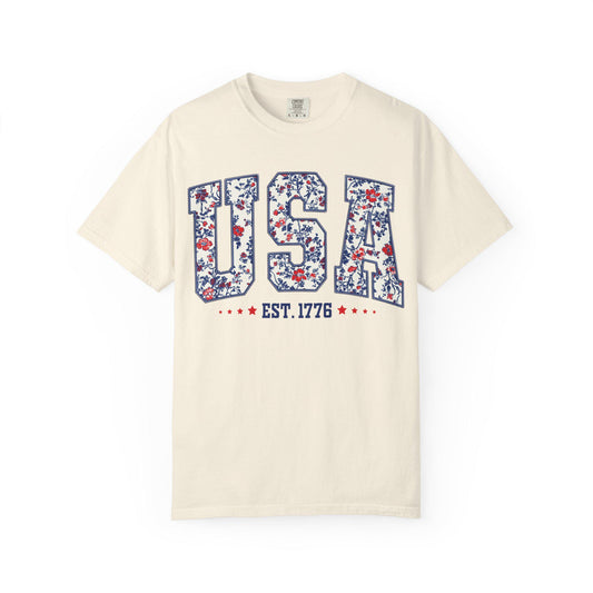 Retro Floral USA Flag Comfort Colors Shirt - 4th of July Tee