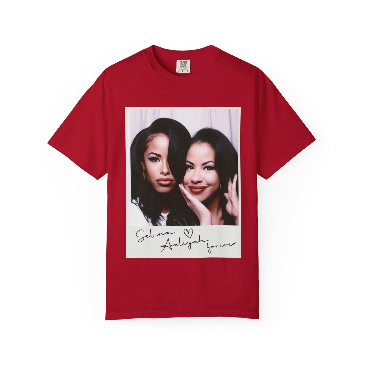 May include: Red t-shirt with a photo of two women in a Polaroid frame. The text below the photo reads 'Selena Aaliyah forever'.