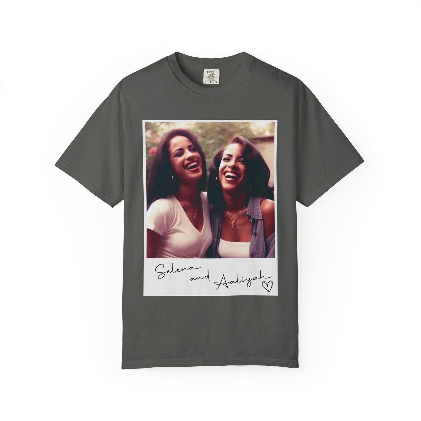 May include: Gray t-shirt with a white photo of two women smiling. The photo is in a white frame with the text 'Selena and Aaliyah' and a heart.
