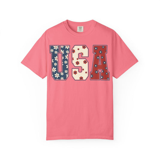 Floral USA 4th of July Comfort Colors Tee - Patriotic American Shirt