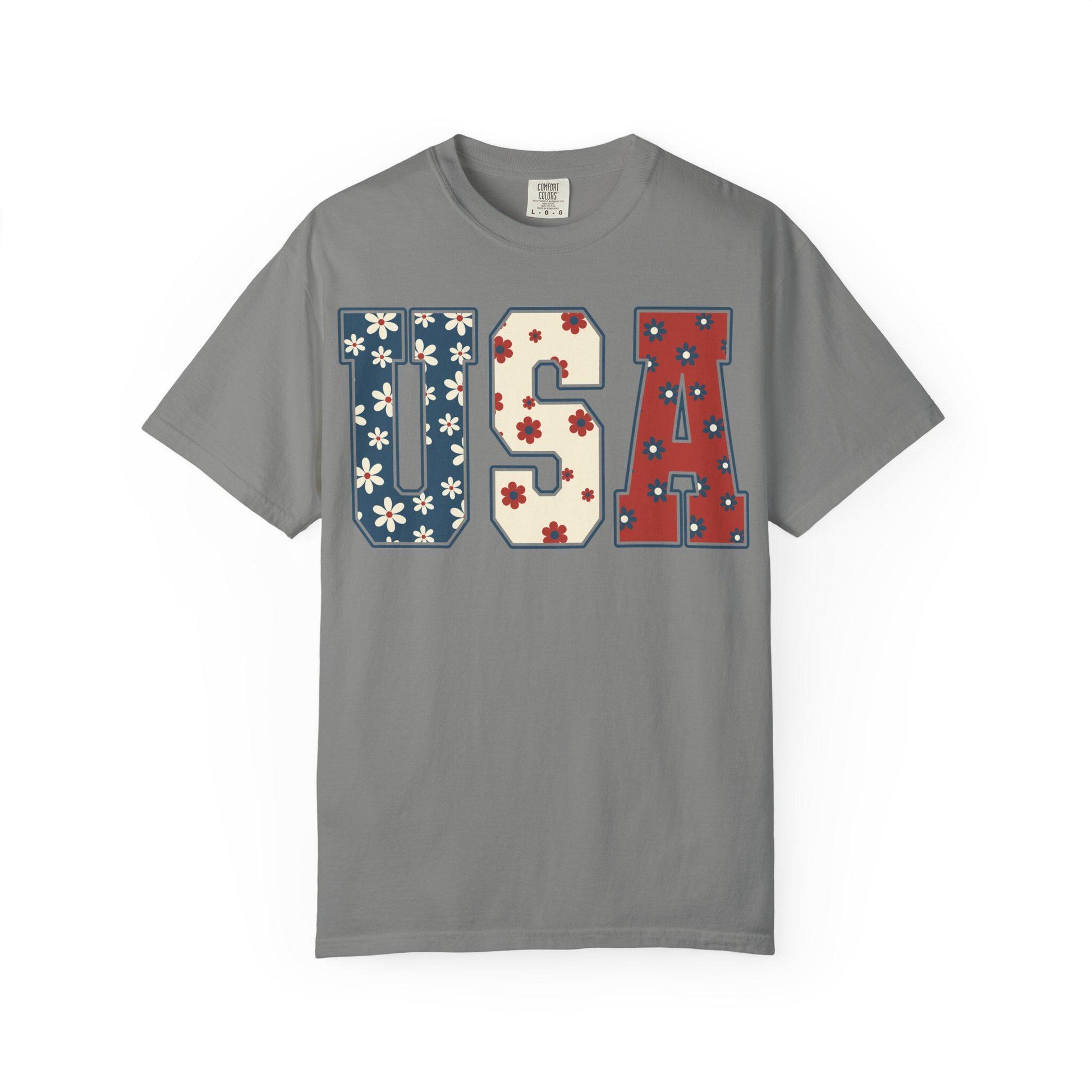 Floral USA 4th of July Comfort Colors Tee - Patriotic American Shirt