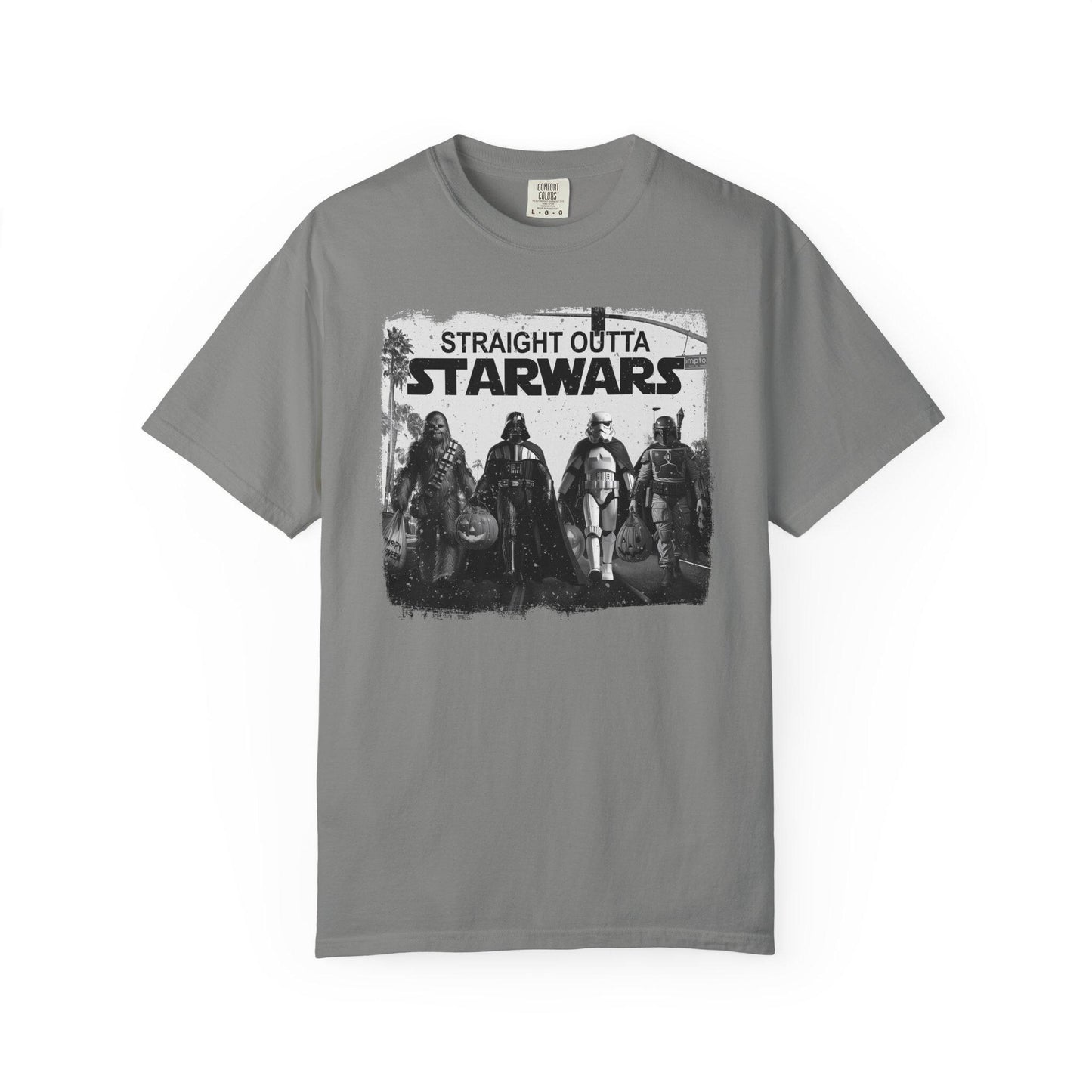 Charcoal short-sleeve graphic t-shirt featuring a black and white design with iconic Star Wars characters including Chewbacca, Darth Vader, Stormtrooper, and Boba Fett walking together across a crosswalk. Above them, bold text reads “Straight Outta Starwars.” The print has a distressed, vintage style with palm trees and a traffic light in the background, blending pop culture and urban streetwear vibes.