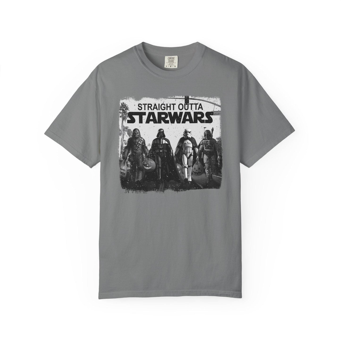 Granite short-sleeve graphic t-shirt featuring a black and white design with iconic Star Wars characters including Chewbacca, Darth Vader, Stormtrooper, and Boba Fett walking together across a crosswalk. Above them, bold text reads “Straight Outta Starwars.” The print has a distressed, vintage style with palm trees and a traffic light in the background, blending pop culture and urban streetwear vibes.