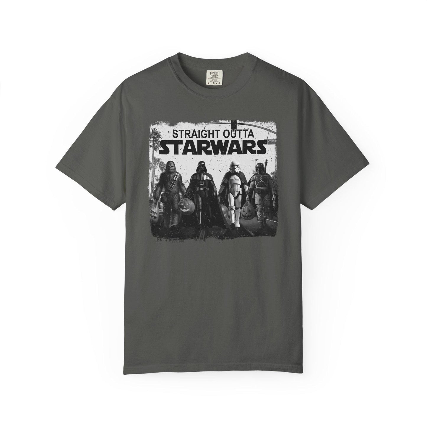 Grey short-sleeve graphic t-shirt featuring a black and white design with iconic Star Wars characters including Chewbacca, Darth Vader, Stormtrooper, and Boba Fett walking together across a crosswalk. Above them, bold text reads “Straight Outta Starwars.” The print has a distressed, vintage style with palm trees and a traffic light in the background, blending pop culture and urban streetwear vibes.