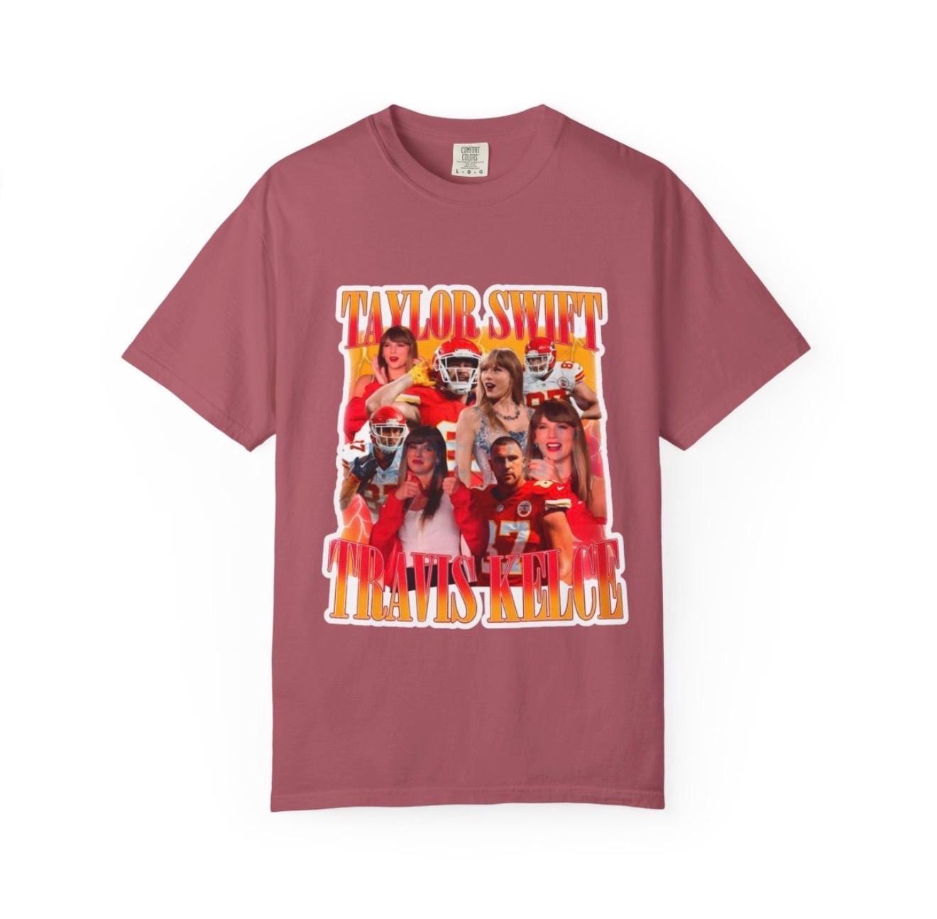 May include: Crimson t-shirt featuring a graphic design with the words 'Taylor Swift' and 'Travis Kelce' in a retro, orange and yellow font. The design includes a collage of images, including Taylor Swift and football players in red and white uniforms. The shirt has a classic crew neck and short sleeves.