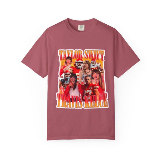 May include: Crimson t-shirt featuring a graphic design with the words 'Taylor Swift' and 'Travis Kelce' in a retro, orange and yellow font. The design includes a collage of images, including Taylor Swift and football players in red and white uniforms. The shirt has a classic crew neck and short sleeves.