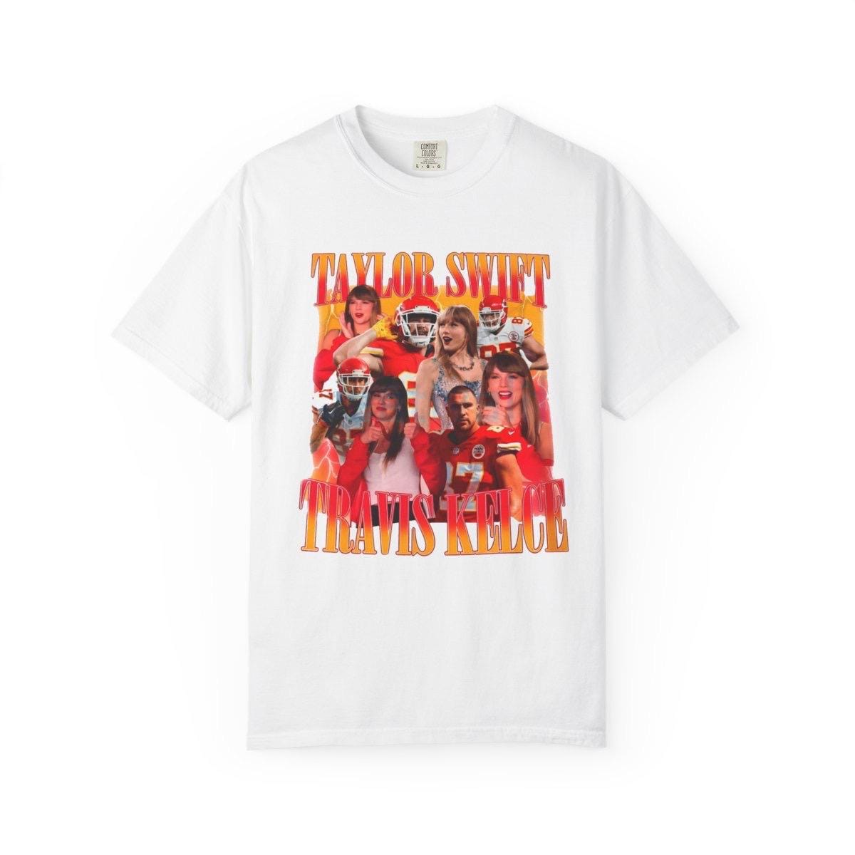 May include: White t-shirt featuring a graphic design with the words 'Taylor Swift' and 'Travis Kelce' in a retro, orange and yellow font. The design includes a collage of images, including Taylor Swift and football players in red and white uniforms. The shirt has a classic crew neck and short sleeves.