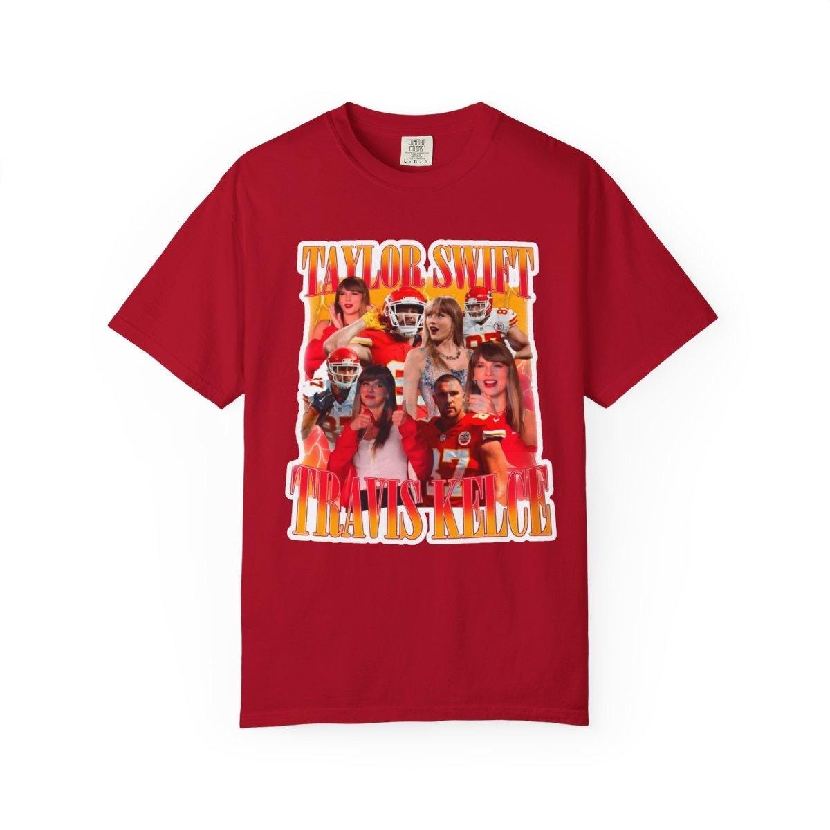 May include: Red t-shirt featuring a graphic design with the words 'Taylor Swift' and 'Travis Kelce' in a retro, orange and yellow font. The design includes a collage of images, including Taylor Swift and football players in red and white uniforms. The shirt has a classic crew neck and short sleeves.