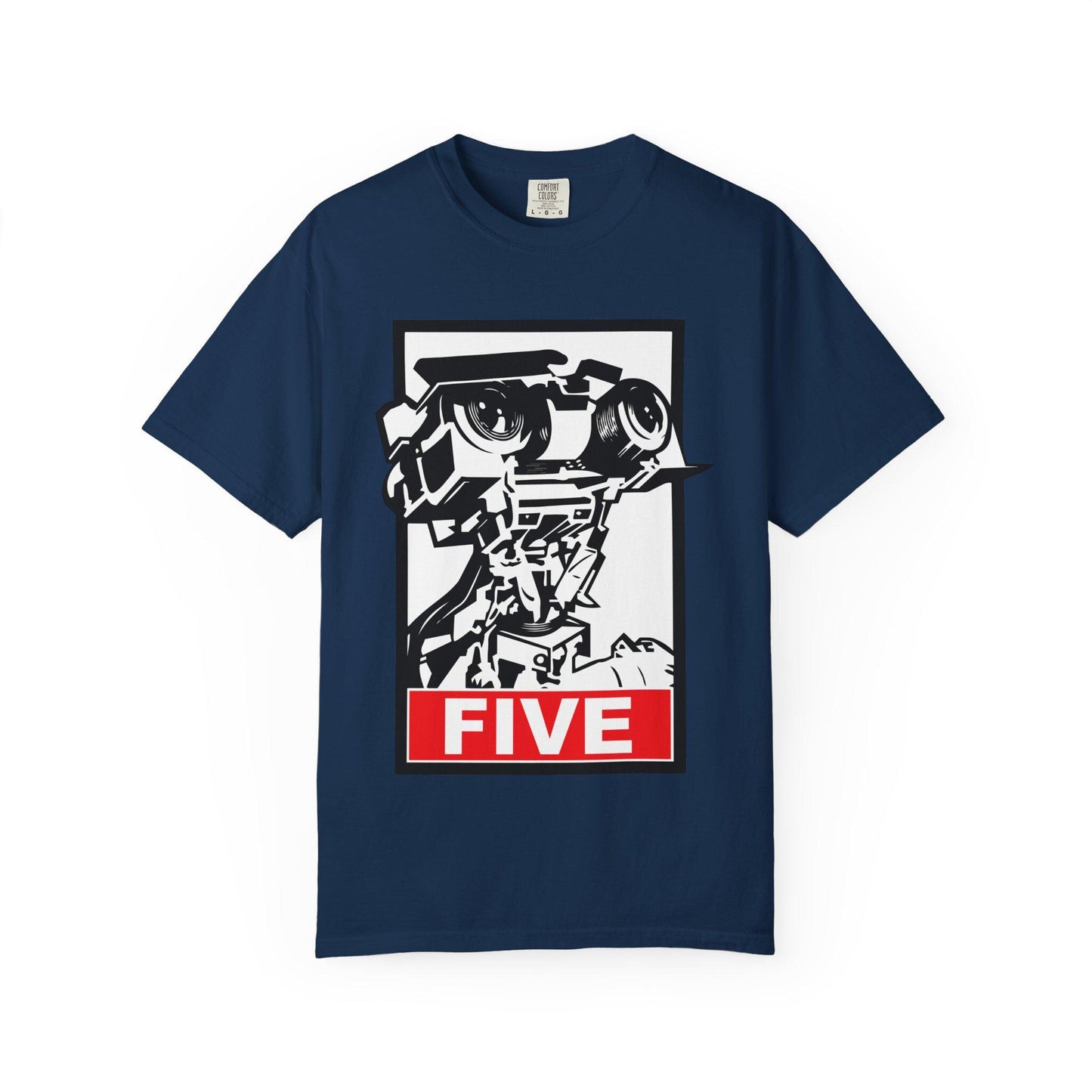 Navy Short Circuit Johnny 5 Shirt featuring a bold retro robot graphic with 'FIVE' in block letters. This 80s movie t-shirt is perfect for VHS collectors, sci-fi fans, and vintage film lovers. A nostalgic retro 80s tee inspired by the classic Short Circuit movie, great as an 80s gift, movie buff gift, or unique robot shirt. Fun graphic tee for anyone who loves Johnny 5, retro robots, and vintage movie style. A must-have for film fans and collectors of classic 80s pop culture.