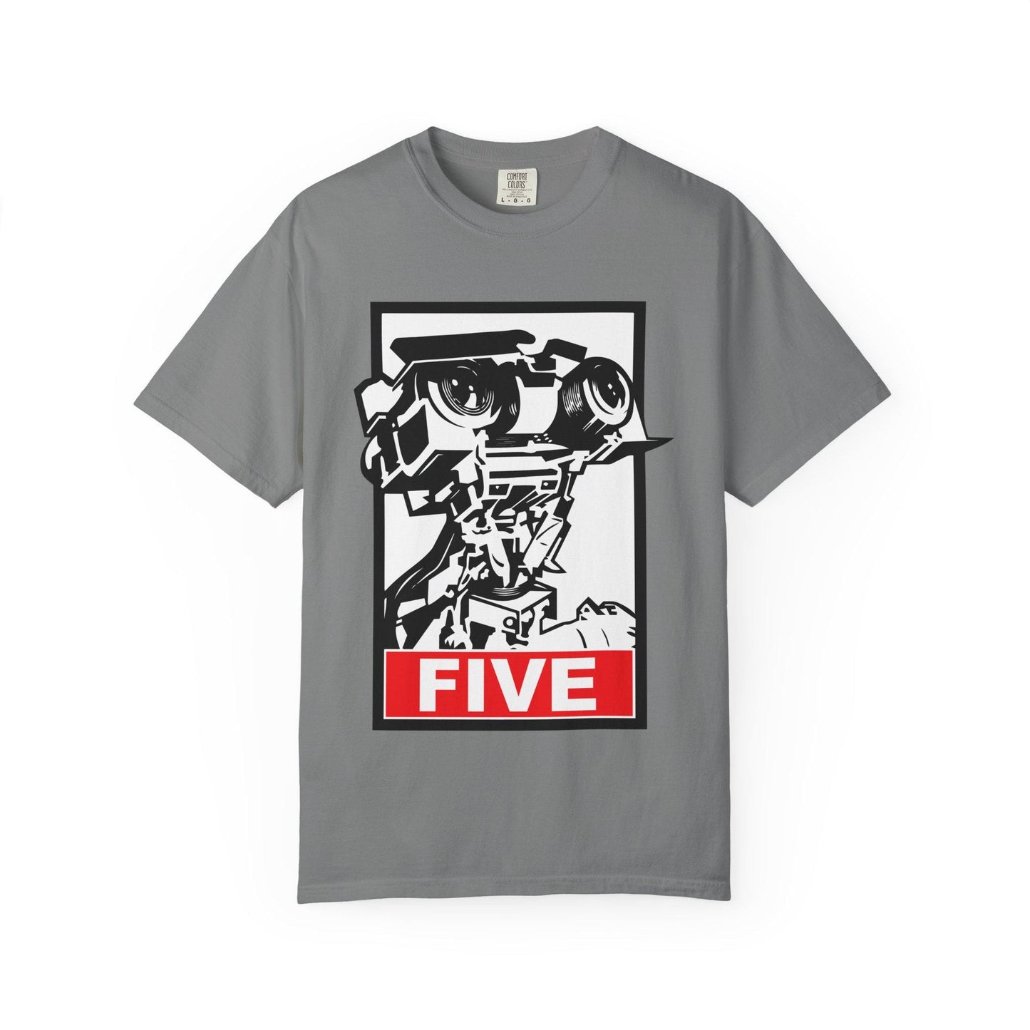 Grey Short Circuit Johnny 5 Shirt featuring a bold retro robot graphic with 'FIVE' in block letters. This 80s movie t-shirt is perfect for VHS collectors, sci-fi fans, and vintage film lovers. A nostalgic retro 80s tee inspired by the classic Short Circuit movie, great as an 80s gift, movie buff gift, or unique robot shirt. Fun graphic tee for anyone who loves Johnny 5, retro robots, and vintage movie style. A must-have for film fans and collectors of classic 80s pop culture.