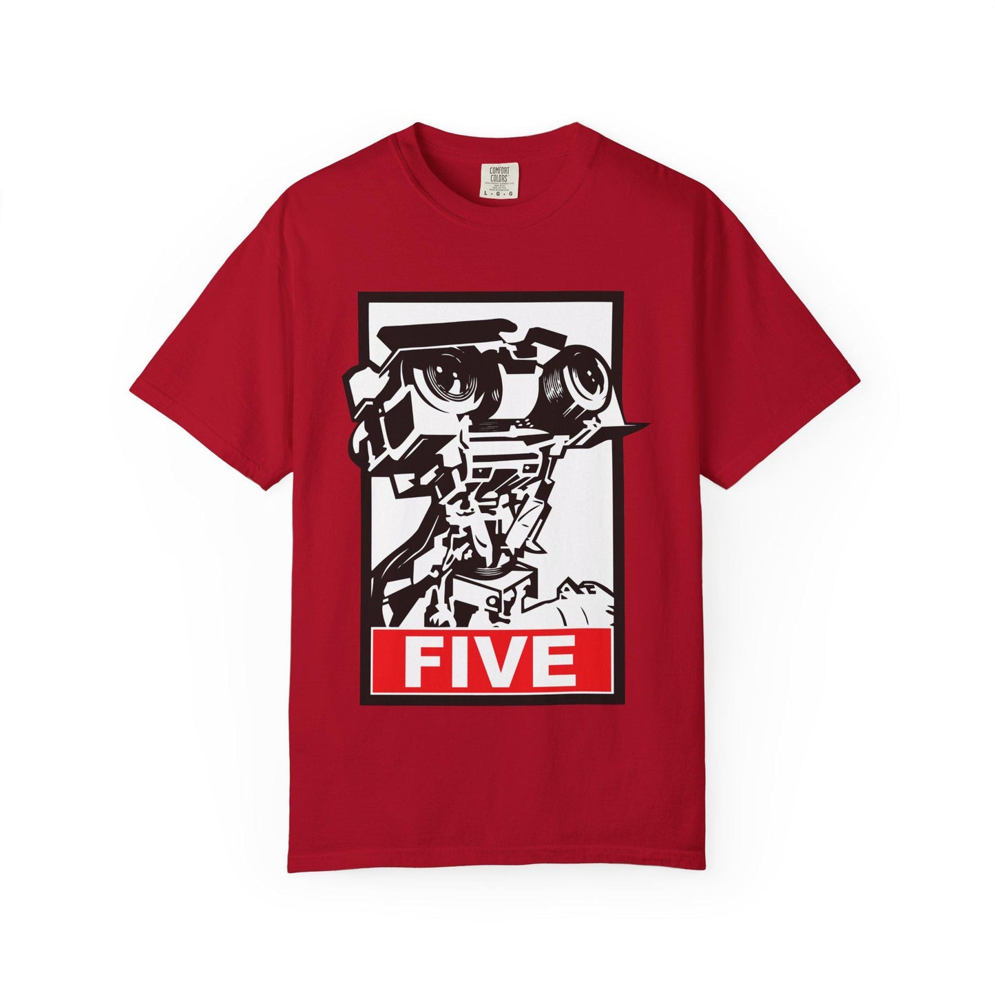 Red Short Circuit Johnny 5 Shirt featuring a bold retro robot graphic with 'FIVE' in block letters. This 80s movie t-shirt is perfect for VHS collectors, sci-fi fans, and vintage film lovers. A nostalgic retro 80s tee inspired by the classic Short Circuit movie, great as an 80s gift, movie buff gift, or unique robot shirt. Fun graphic tee for anyone who loves Johnny 5, retro robots, and vintage movie style. A must-have for film fans and collectors of classic 80s pop culture.
