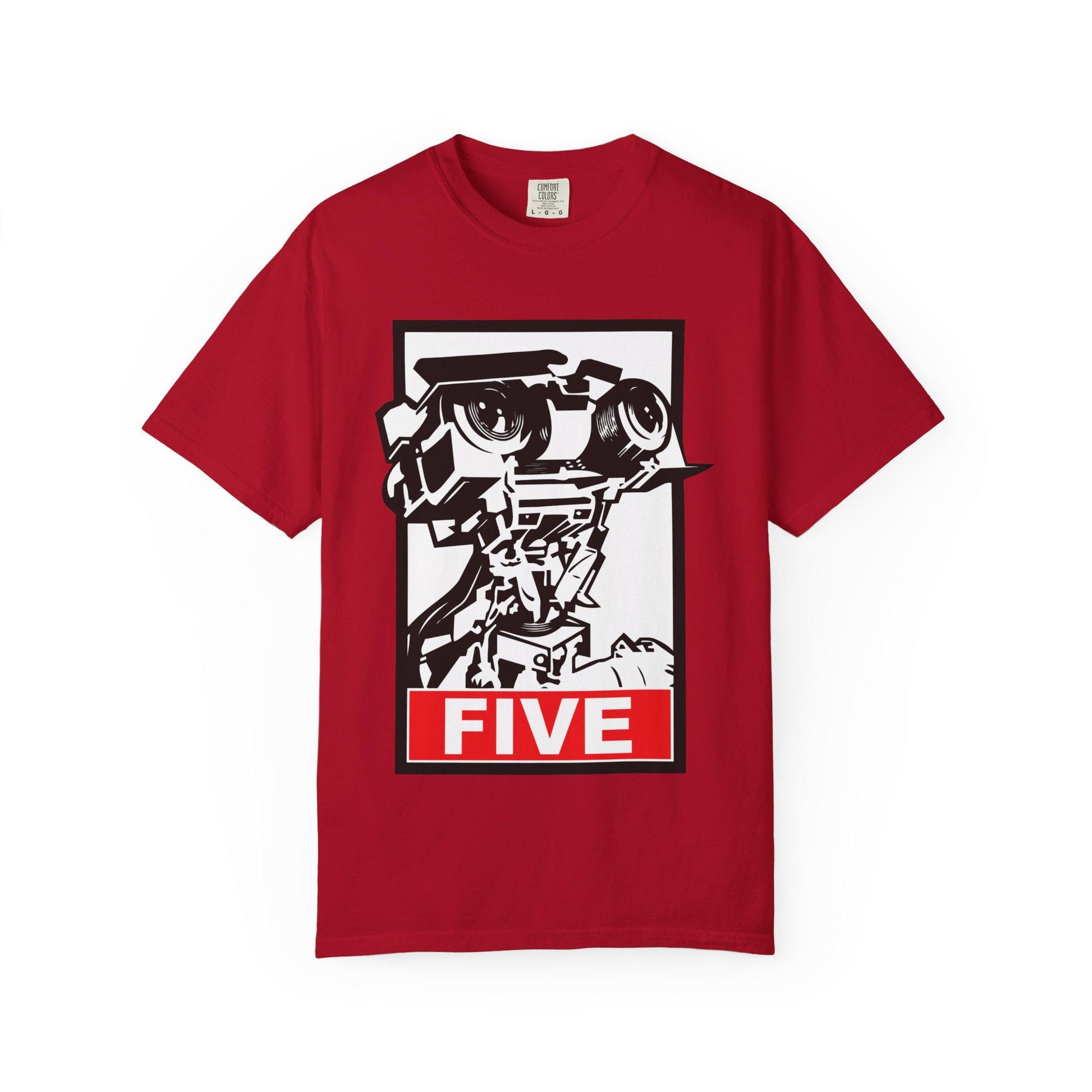 Red Short Circuit Johnny 5 Shirt featuring a bold retro robot graphic with 'FIVE' in block letters. This 80s movie t-shirt is perfect for VHS collectors, sci-fi fans, and vintage film lovers. A nostalgic retro 80s tee inspired by the classic Short Circuit movie, great as an 80s gift, movie buff gift, or unique robot shirt. Fun graphic tee for anyone who loves Johnny 5, retro robots, and vintage movie style. A must-have for film fans and collectors of classic 80s pop culture.