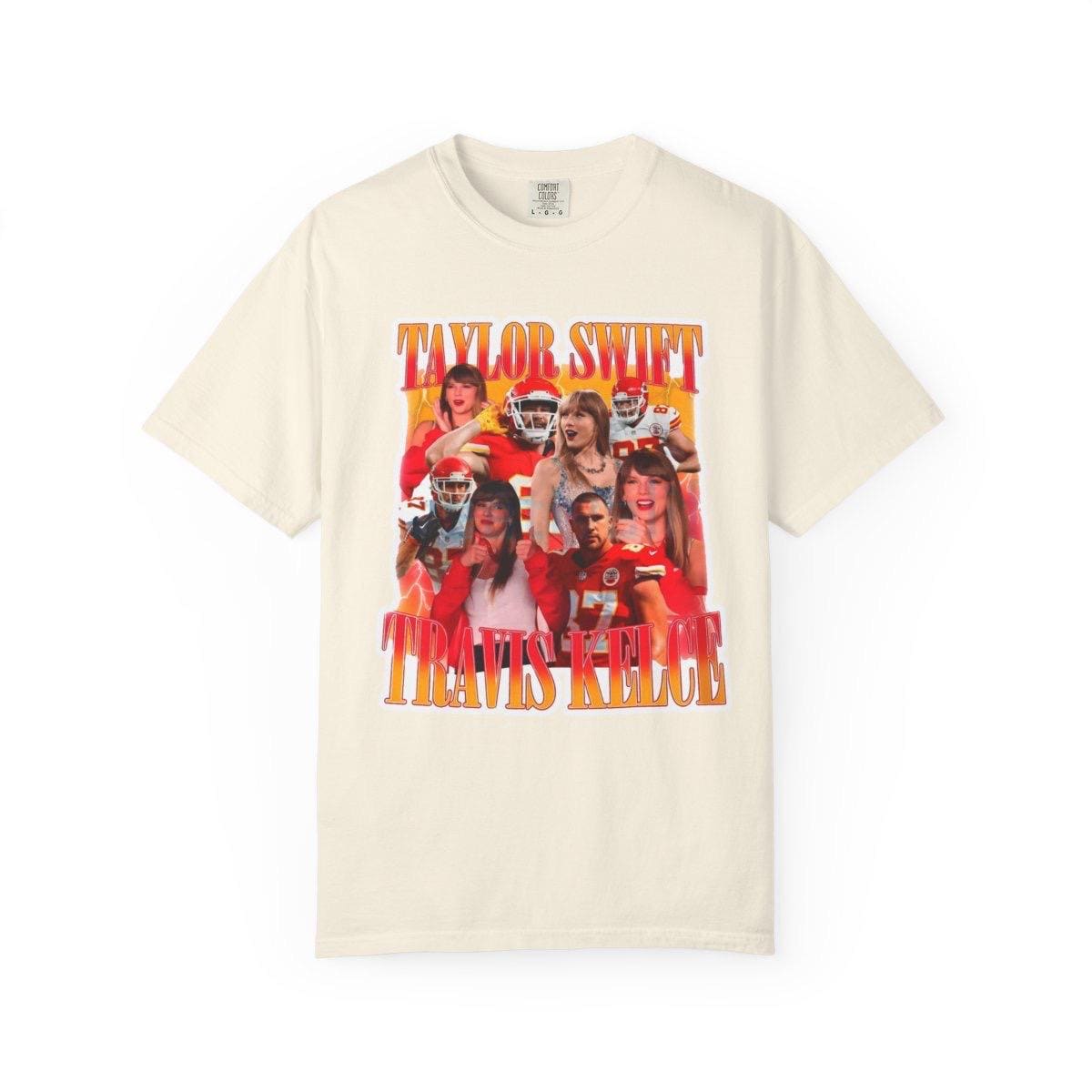 May include: Ivory t-shirt featuring a graphic design with the words 'Taylor Swift' and 'Travis Kelce' in a retro, orange and yellow font. The design includes a collage of images, including Taylor Swift and football players in red and white uniforms. The shirt has a classic crew neck and short sleeves.