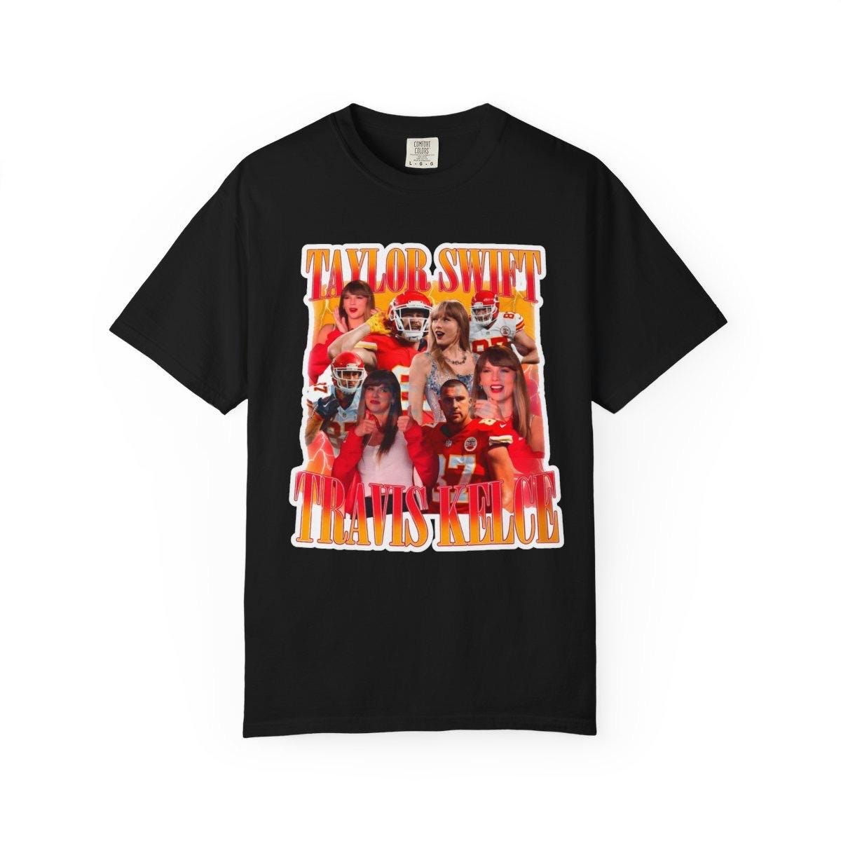 May include: Black t-shirt featuring a graphic design with the words 'Taylor Swift' and 'Travis Kelce' in a retro, orange and yellow font. The design includes a collage of images, including Taylor Swift and football players in red and white uniforms. The shirt has a classic crew neck and short sleeves.