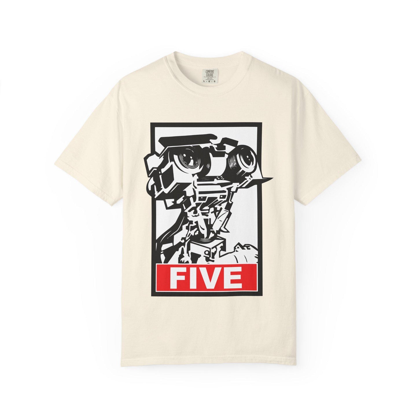 Ivory Short Circuit Johnny 5 Shirt featuring a bold retro robot graphic with 'FIVE' in block letters. This 80s movie t-shirt is perfect for VHS collectors, sci-fi fans, and vintage film lovers. A nostalgic retro 80s tee inspired by the classic Short Circuit movie, great as an 80s gift, movie buff gift, or unique robot shirt. Fun graphic tee for anyone who loves Johnny 5, retro robots, and vintage movie style. A must-have for film fans and collectors of classic 80s pop culture.