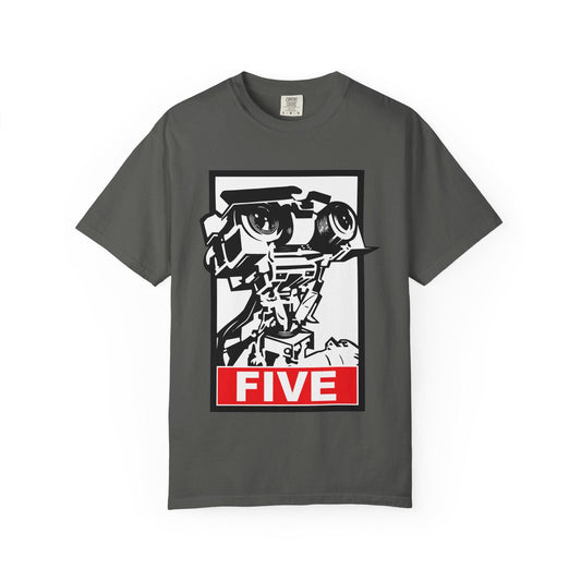 Pepper Short Circuit Johnny 5 Shirt featuring a bold retro robot graphic with 'FIVE' in block letters. This 80s movie t-shirt is perfect for VHS collectors, sci-fi fans, and vintage film lovers. A nostalgic retro 80s tee inspired by the classic Short Circuit movie, great as an 80s gift, movie buff gift, or unique robot shirt. Fun graphic tee for anyone who loves Johnny 5, retro robots, and vintage movie style. A must-have for film fans and collectors of classic 80s pop culture.