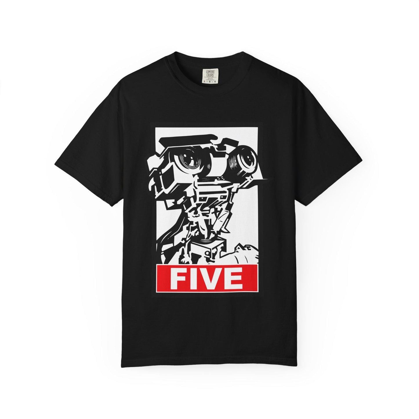 Black Short Circuit Johnny 5 Shirt featuring a bold retro robot graphic with 'FIVE' in block letters. This 80s movie t-shirt is perfect for VHS collectors, sci-fi fans, and vintage film lovers. A nostalgic retro 80s tee inspired by the classic Short Circuit movie, great as an 80s gift, movie buff gift, or unique robot shirt. Fun graphic tee for anyone who loves Johnny 5, retro robots, and vintage movie style. A must-have for film fans and collectors of classic 80s pop culture.