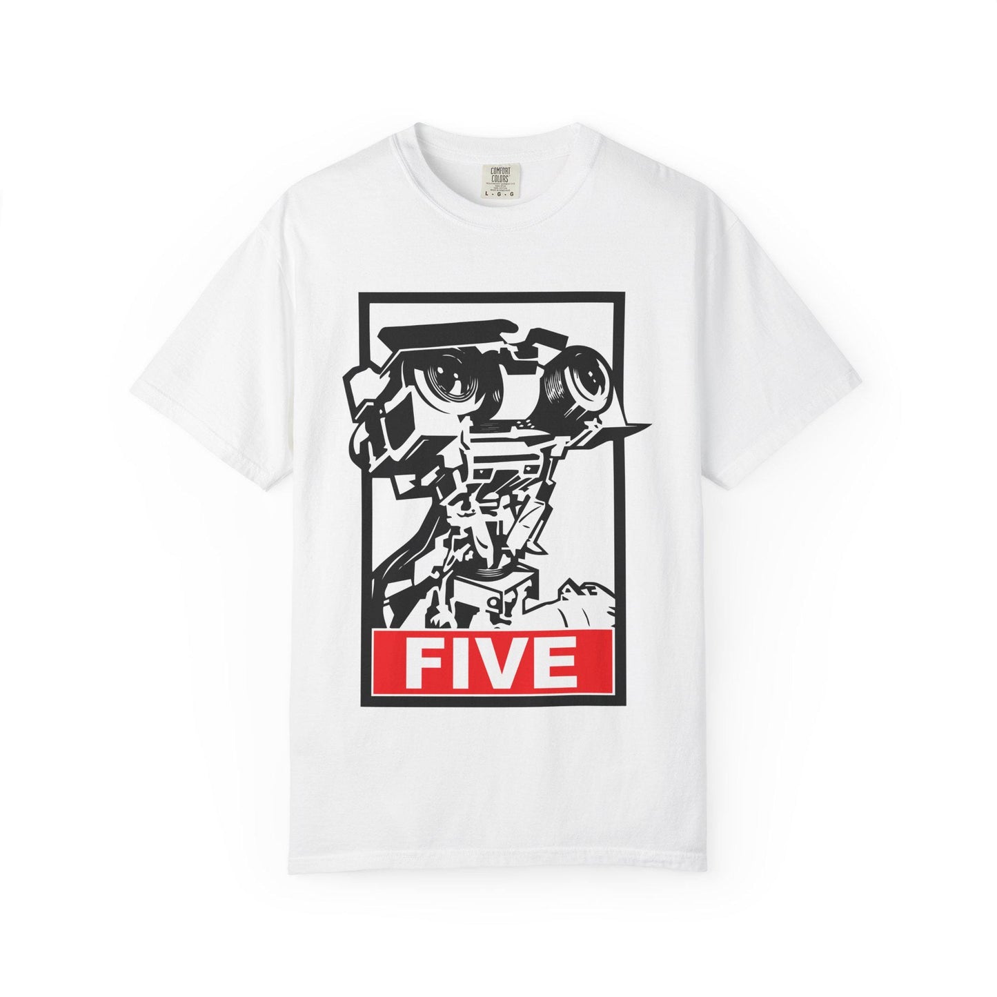 White Short Circuit Johnny 5 Shirt featuring a bold retro robot graphic with 'FIVE' in block letters. This 80s movie t-shirt is perfect for VHS collectors, sci-fi fans, and vintage film lovers. A nostalgic retro 80s tee inspired by the classic Short Circuit movie, great as an 80s gift, movie buff gift, or unique robot shirt. Fun graphic tee for anyone who loves Johnny 5, retro robots, and vintage movie style. A must-have for film fans and collectors of classic 80s pop culture.