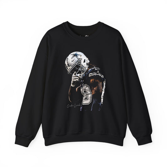 Black sweatshirt with a graphic of a football player and helmet on a white background