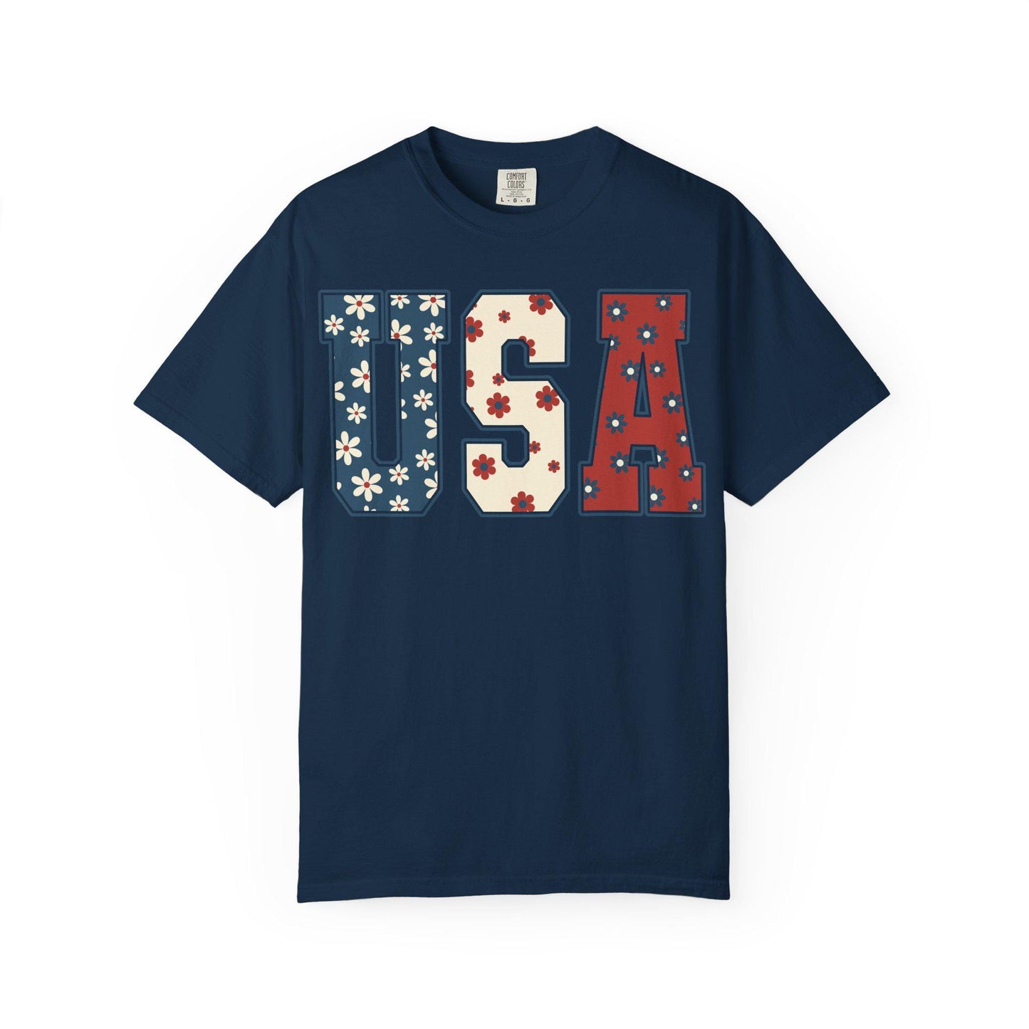 Floral USA 4th of July Comfort Colors Tee - Patriotic American Shirt