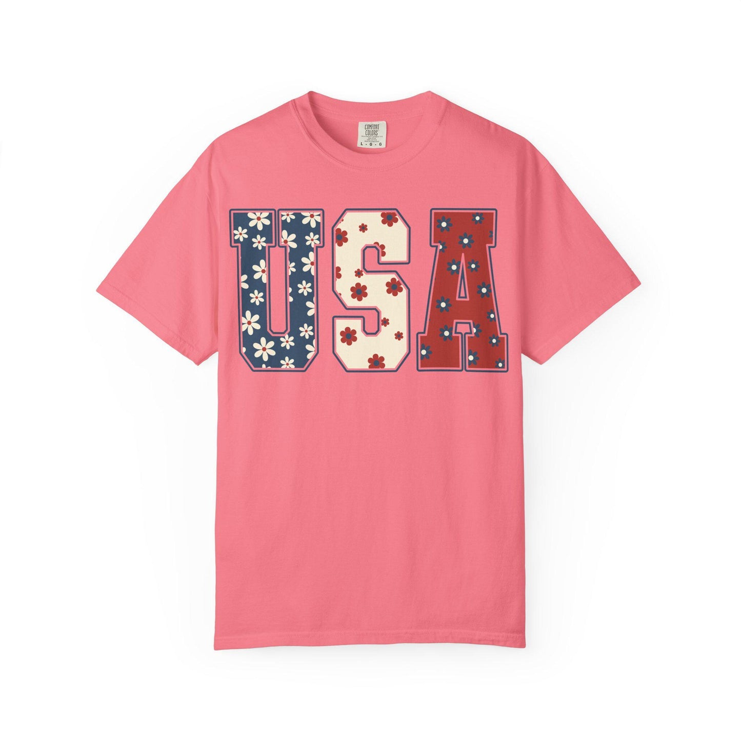 Floral USA 4th of July Comfort Colors Tee - Patriotic American Shirt